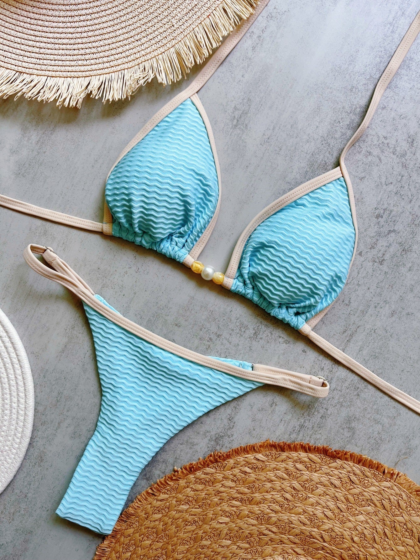 Special Fabric Pearl Accessories Solid Color Bikini Sexy Backless Split Swimsuit Bikini Bella Mia