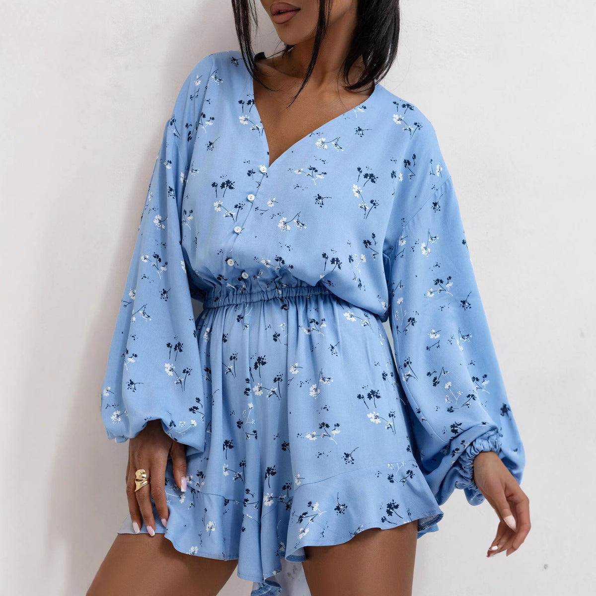 Women Clothing Summer V neck Printed Long Sleeve Waist Trimming Ruffles Shorts Jumpsuit Bella Mia