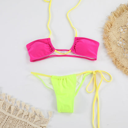 Nylon Light Color Matching Lace up Bikini Sexy Split Swimsuit Women