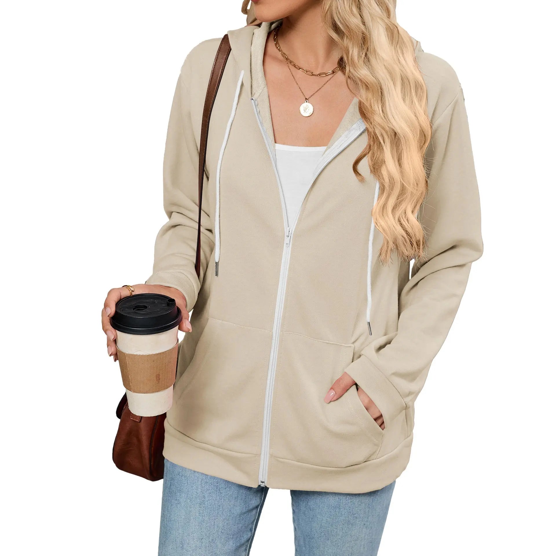 Contrast Color Hooded Zipper Long Sleeve Pocket Top For Women Casual Bella Mia