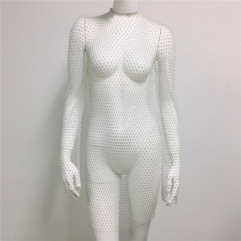Women Grid Rhinestone Fishnet Dress Sexy Bikini Cover Up Fishnet Beach Dress Bella Mia