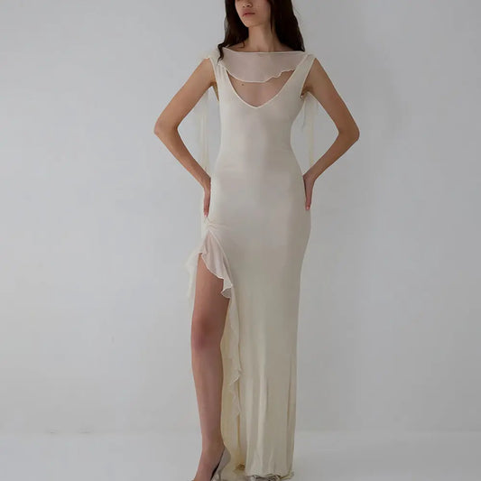 Summer Elegant Ribbon Women Dress Sexy Backless High Slit Ruffled Slim Dress Bella Mia