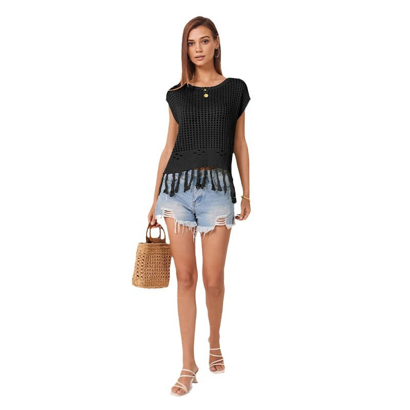 Summer Handmade Tassel Short Sleeve Loose Round Neck Hollow Out Cutout Out Women Knitwear Bella Mia