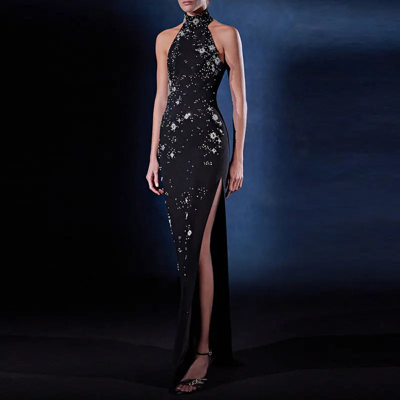 Heavy Industry Three Dimensional Beads Rhinestones Stretch Halter Maxi Dress Maxi Dress Bella Mia