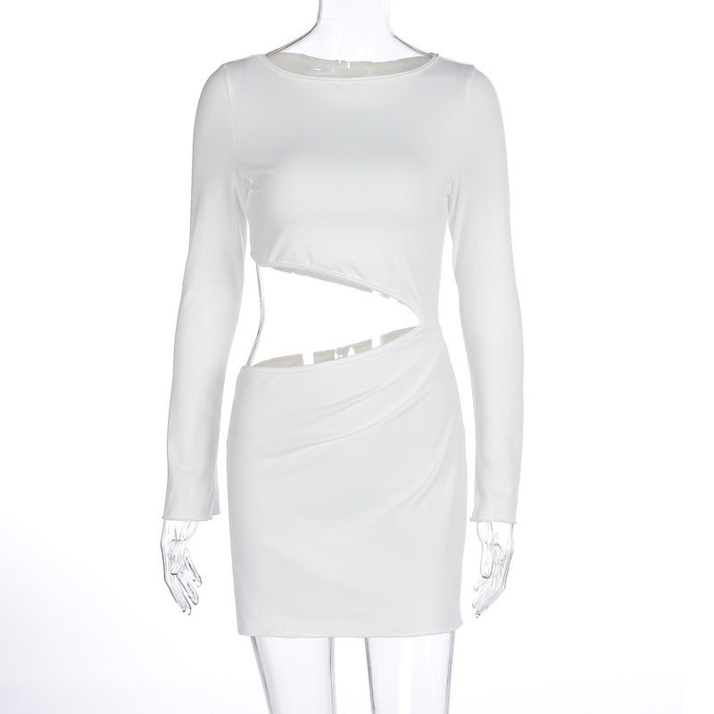 Women Clothing Autumn Winter Sexy Hollow Out Cutout Cropped round Neck Slim Sheath Dress