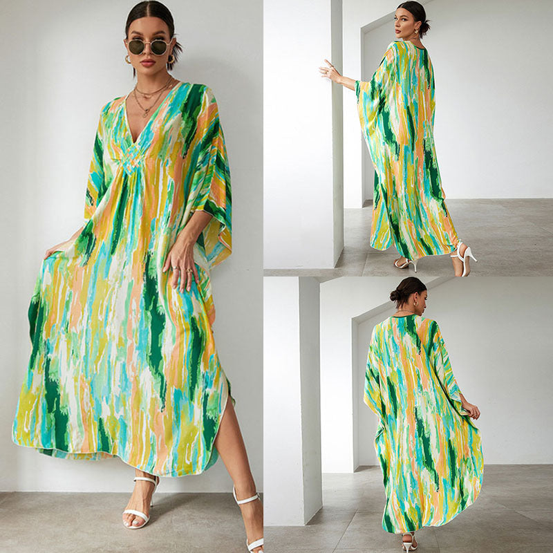 Rayon Print Holiday Loose Robe Beach Jacket Maxi Dress Bikini Cover Bella Mia