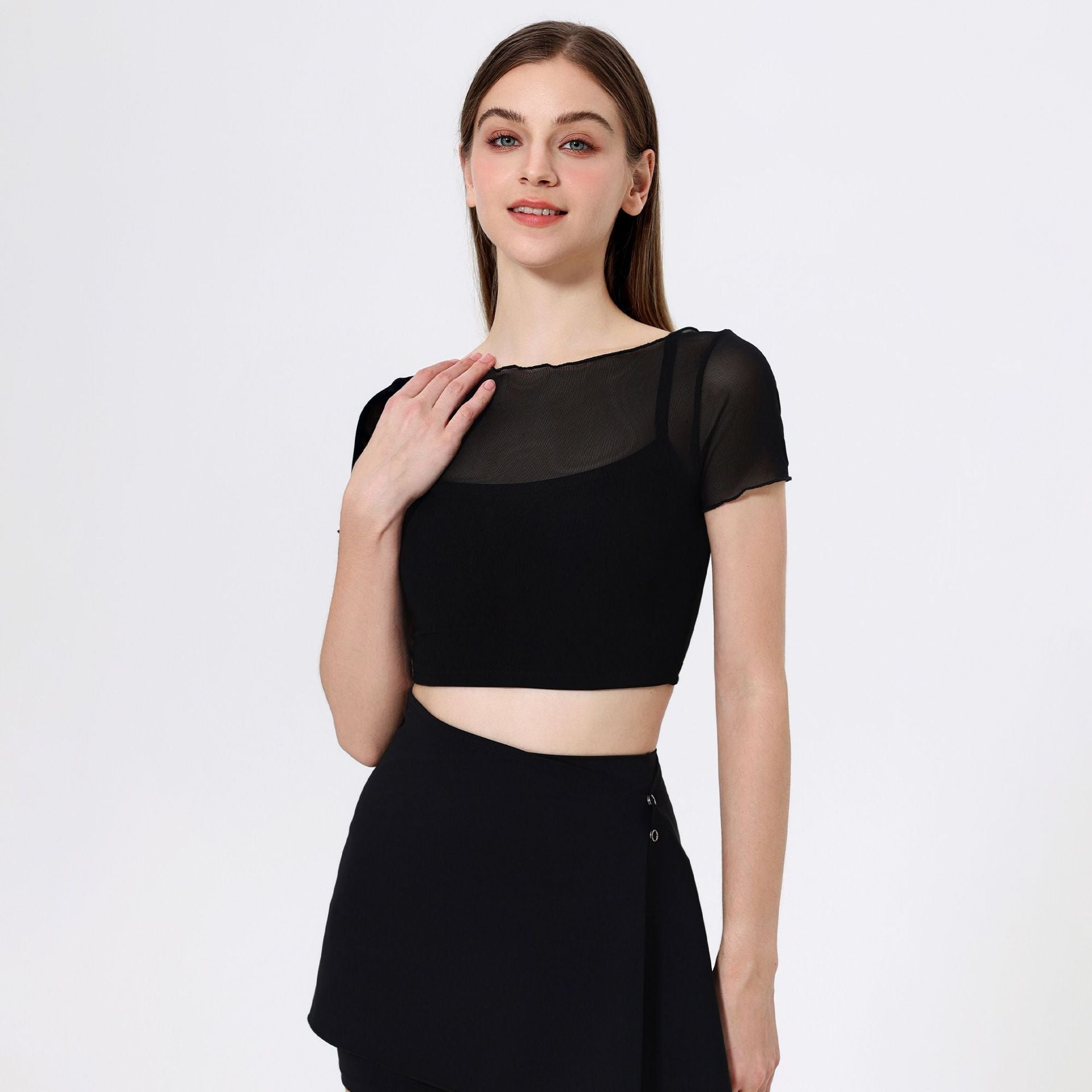 Faux Two Piece Mesh Sports T shirt Women Short Sleeve with Chest Pad Yoga Clothes Cropped Top Quick Drying Slimming Fitness Bella Mia