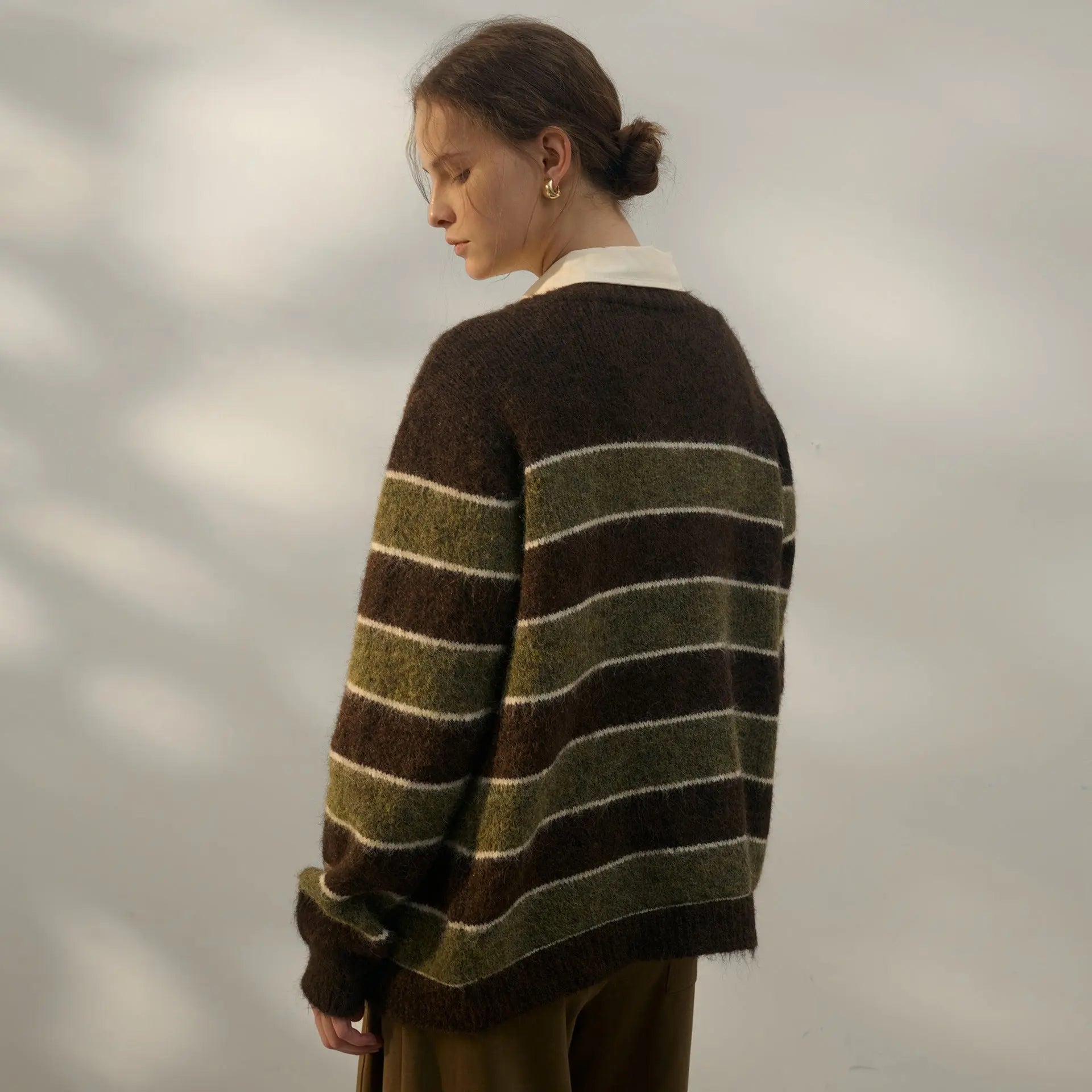 Autumn Winter Lazy Sweater Women Retro Gentle Casual Three Dimensional Striped Contrast Color V neck Long Sleeve Knitted Cardigan Bella Mia