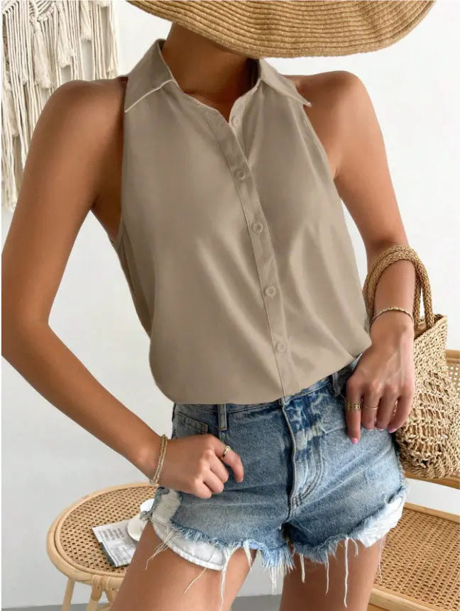 Satin Sleeveless Shirt Women Spring Satin Top Casual Office Solid Color Shirt Supply Bella Mia