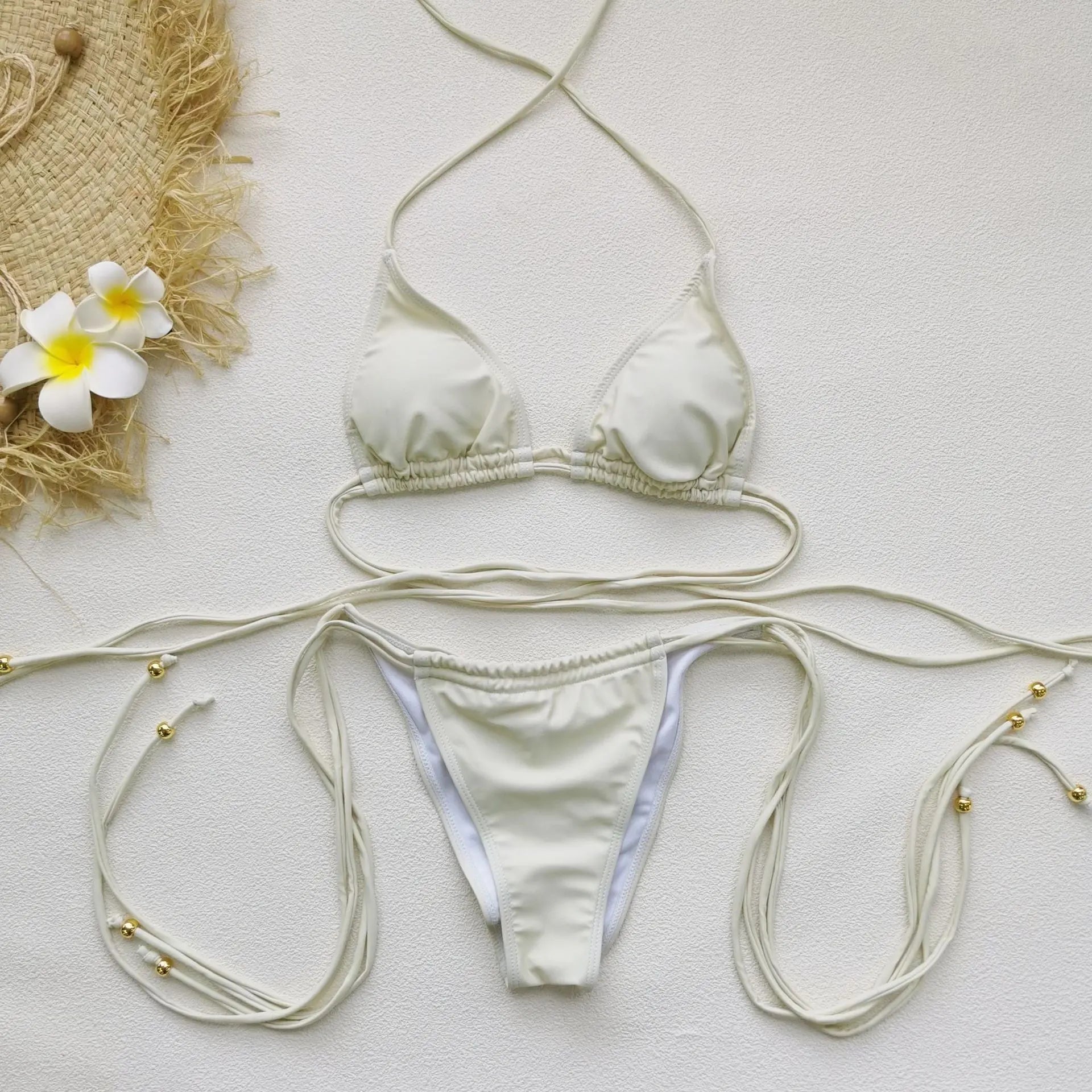 Solid Color Three Point Mini Bikini Sexy Backless Lace up Split Swimsuit Women Bikini Bella Mia