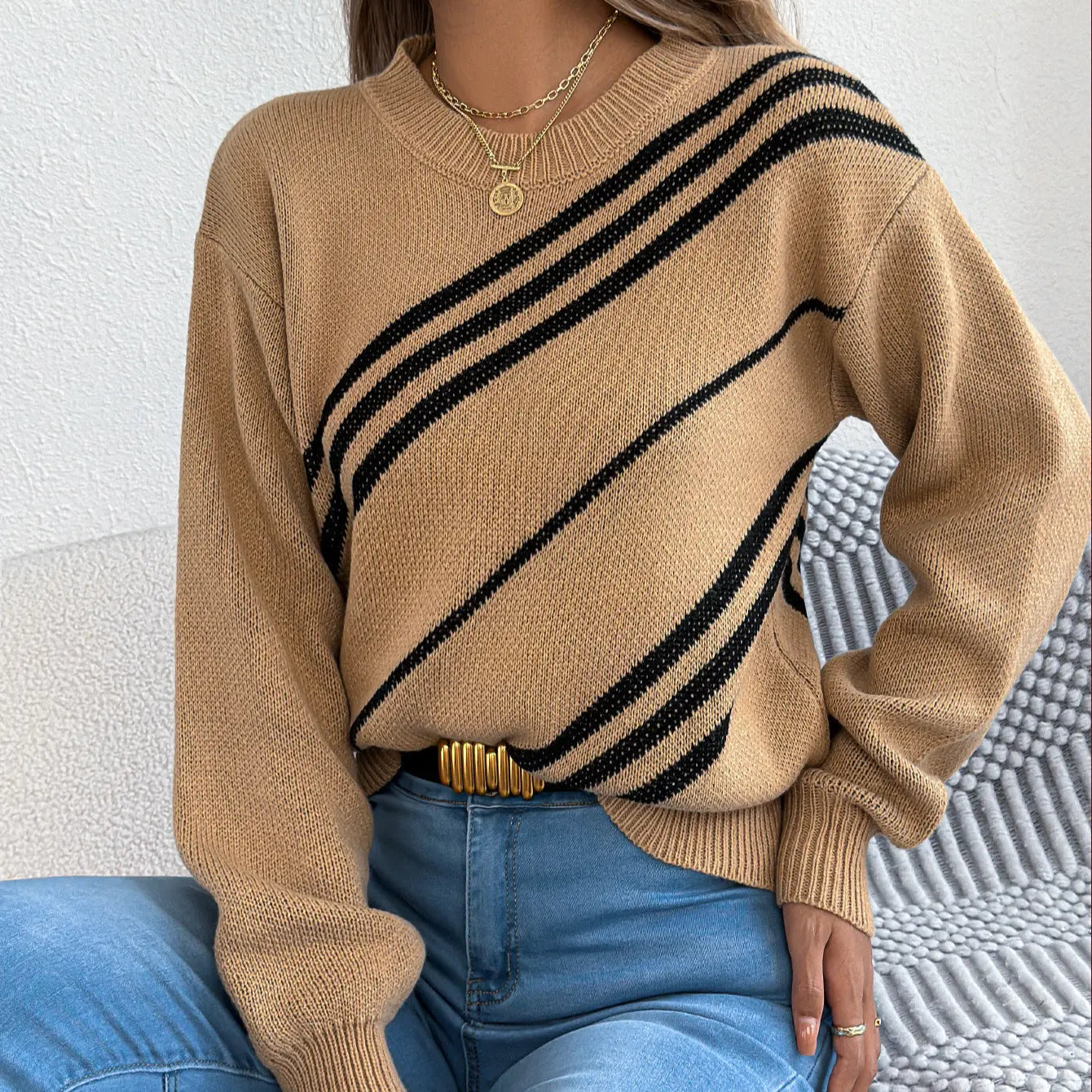 Women Clothing Autumn Winter Casual Striped round Neck Lantern Long Sleeve Pullover Bella Mia