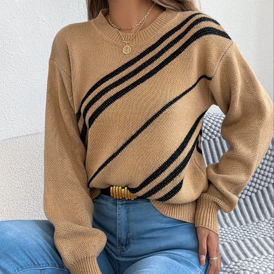 Women Clothing Autumn Winter Casual Striped round Neck Lantern Long Sleeve Pullover Bella Mia