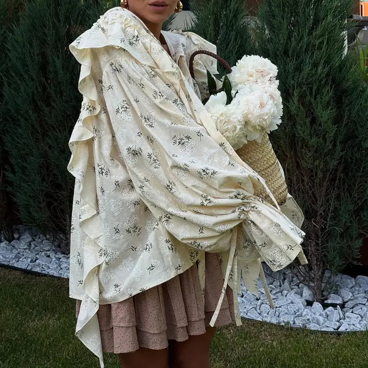 French Design Floral Ruffled Tied Neck Cotton Blouse For Women Bella Mia