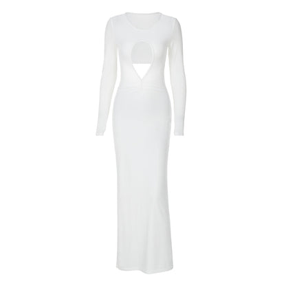 Women Clothing Autumn Sexy Cutout Slim Pleated Solid Color Long Sleeve Dress