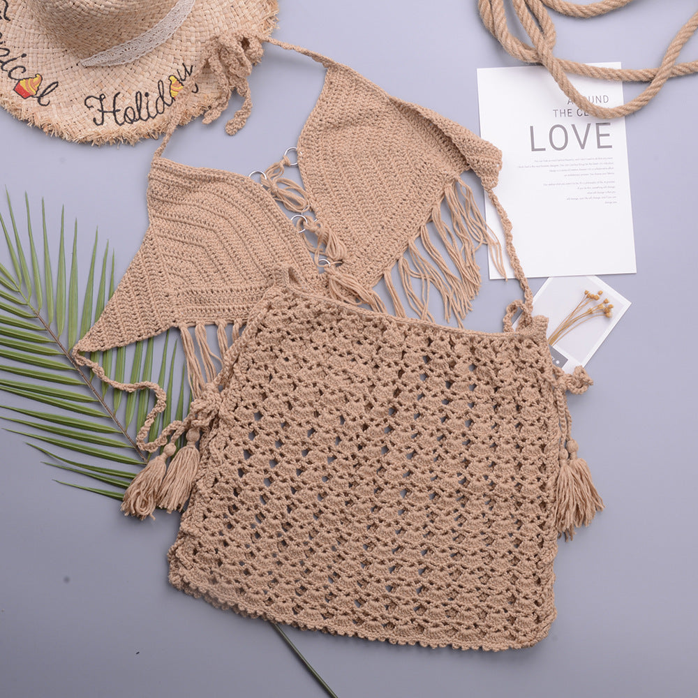 Retro Hand Crocheting Split Swimsuit Halter Strap Tassel Cutout A line Skirt Beach Skirt Women Set Bella Mia