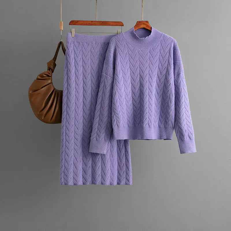 Autumn Winter Jacquard Half High Collar Long Sleeves Knitwear Pullover Top Skirt Two Piece Set Bella Mia