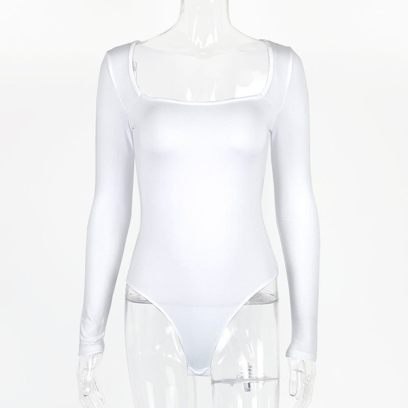 Sexy T-Shaped One-Piece Bottoming Shirt Autumn Women Clothing Tight Long Sleeve Square Neck Bodysuit