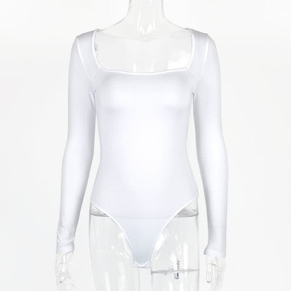Sexy T-Shaped One-Piece Bottoming Shirt Autumn Women Clothing Tight Long Sleeve Square Neck Bodysuit