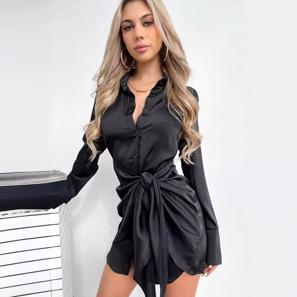 Long Sleeve Women Clothing Spring Autumn Black Button Tied Dress Bella Mia