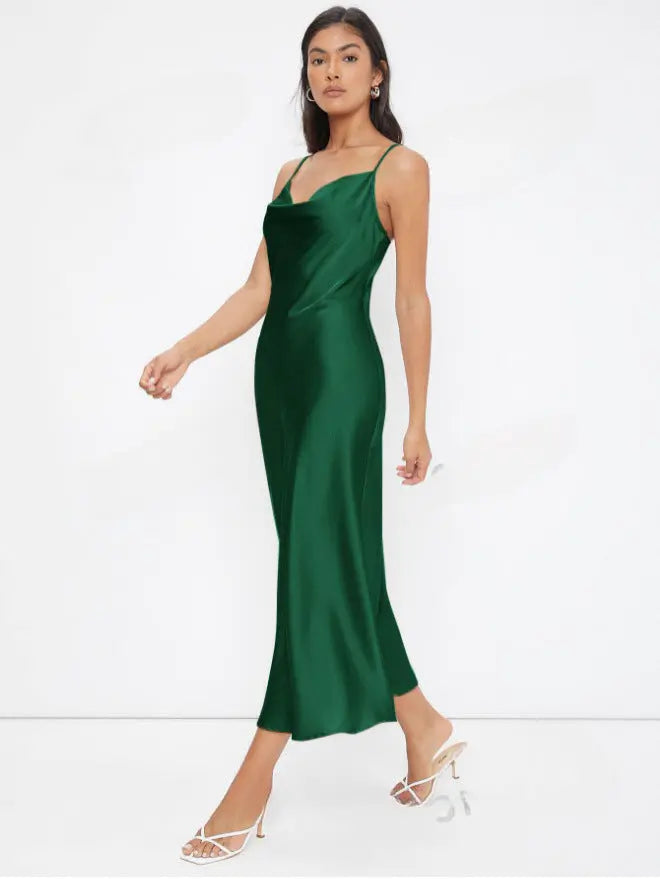 Women Clothing Spring Summer Satin Sling Deep V Plunge neck Slim Solid Color Dress Bella Mia