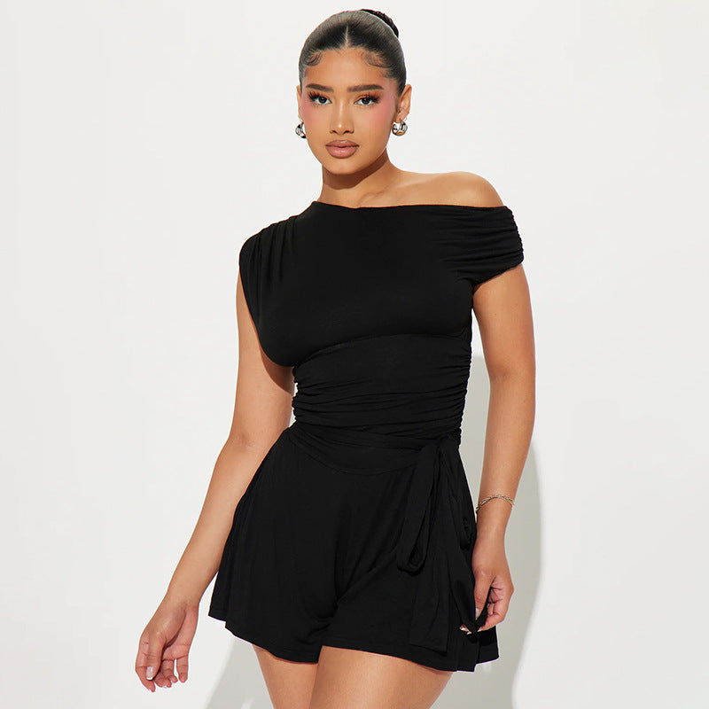 Women Clothing Spring Summer Crossbody off the Shoulder Pleated Bow Waist Tie Romper Bella Mia