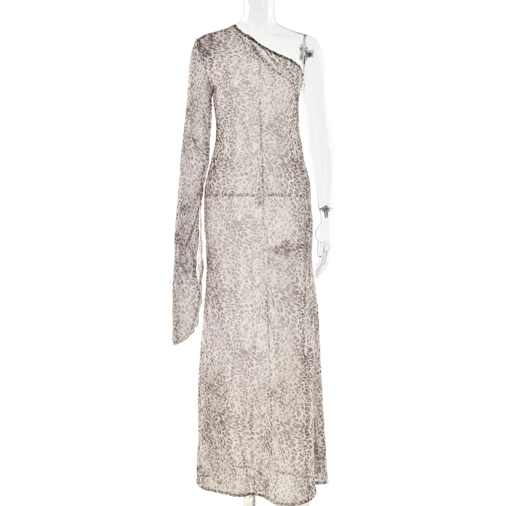 Summer Leopard Print Dress Sexy See through Shoulder Single Sleeve Slim Fit Sexy Dress Bella Mia