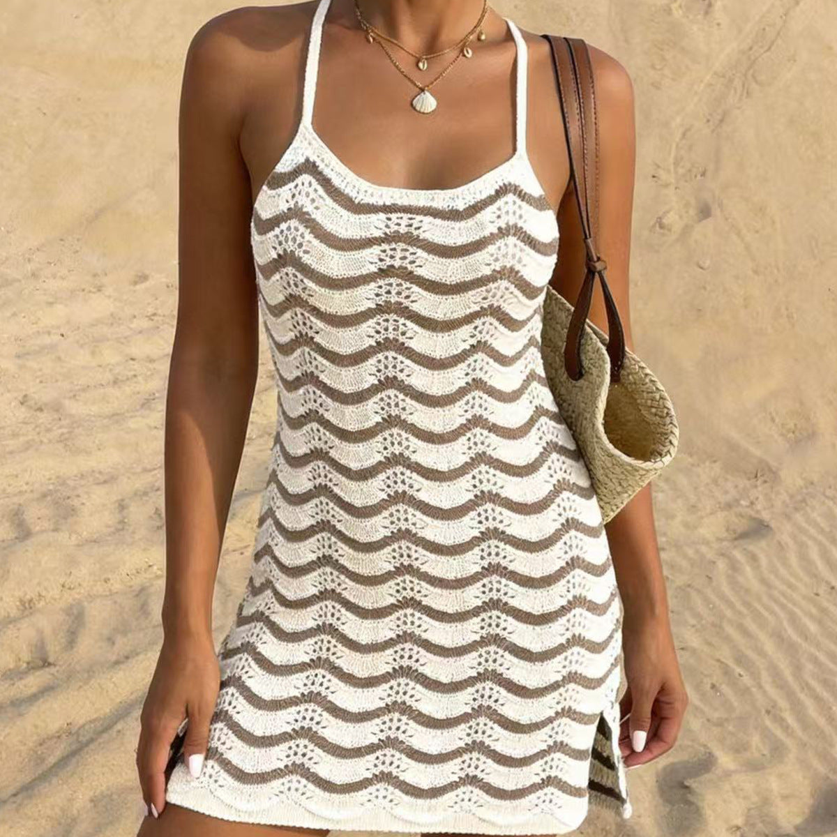 Women Short Beach Vest Sexy Hip Hollow Out Cutout Striped Mixed Color