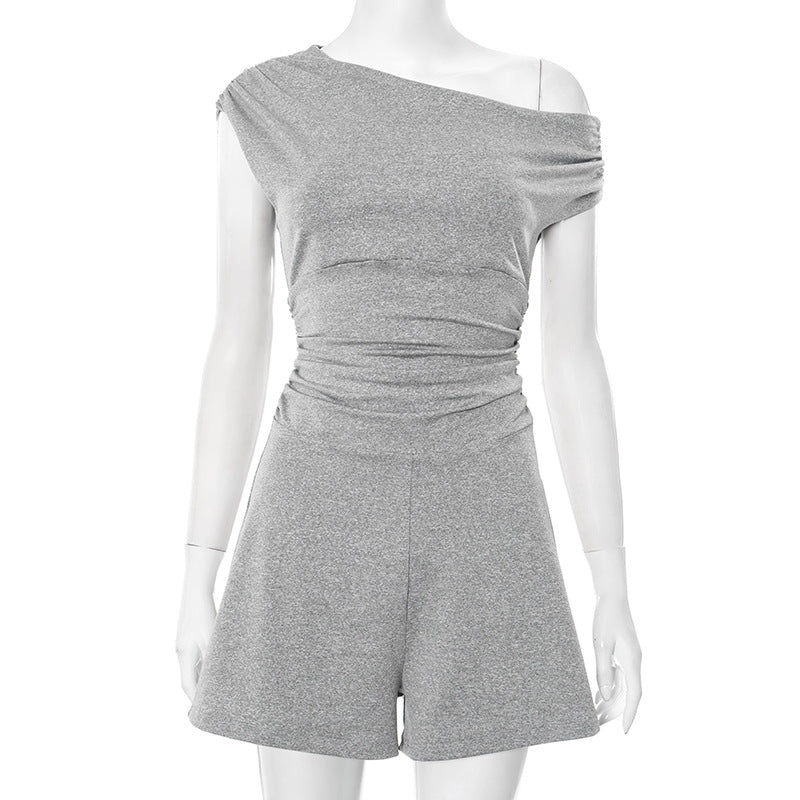 Women Clothing Spring Summer Crossbody off the Shoulder Pleated Bow Waist Tie Romper Bella Mia