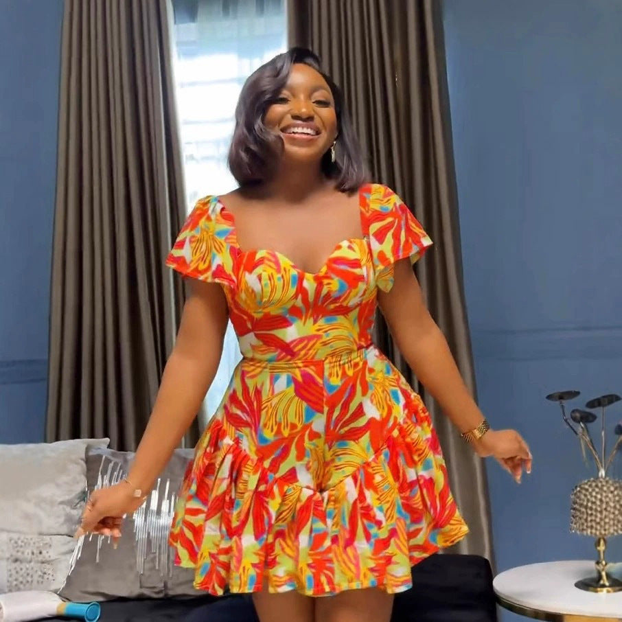 Elegant Printed Waist Controlled Pleated Flounced Sleeve Jumpsuit Bella Mia