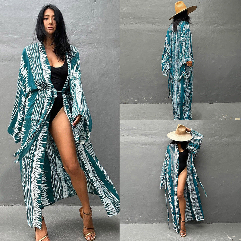 Rayon Printed Vacation Wide Sun Protection Shirt Beach Coat Beach Cover Up Swimsuit Outer Wear Long Cardigan Bella Mia