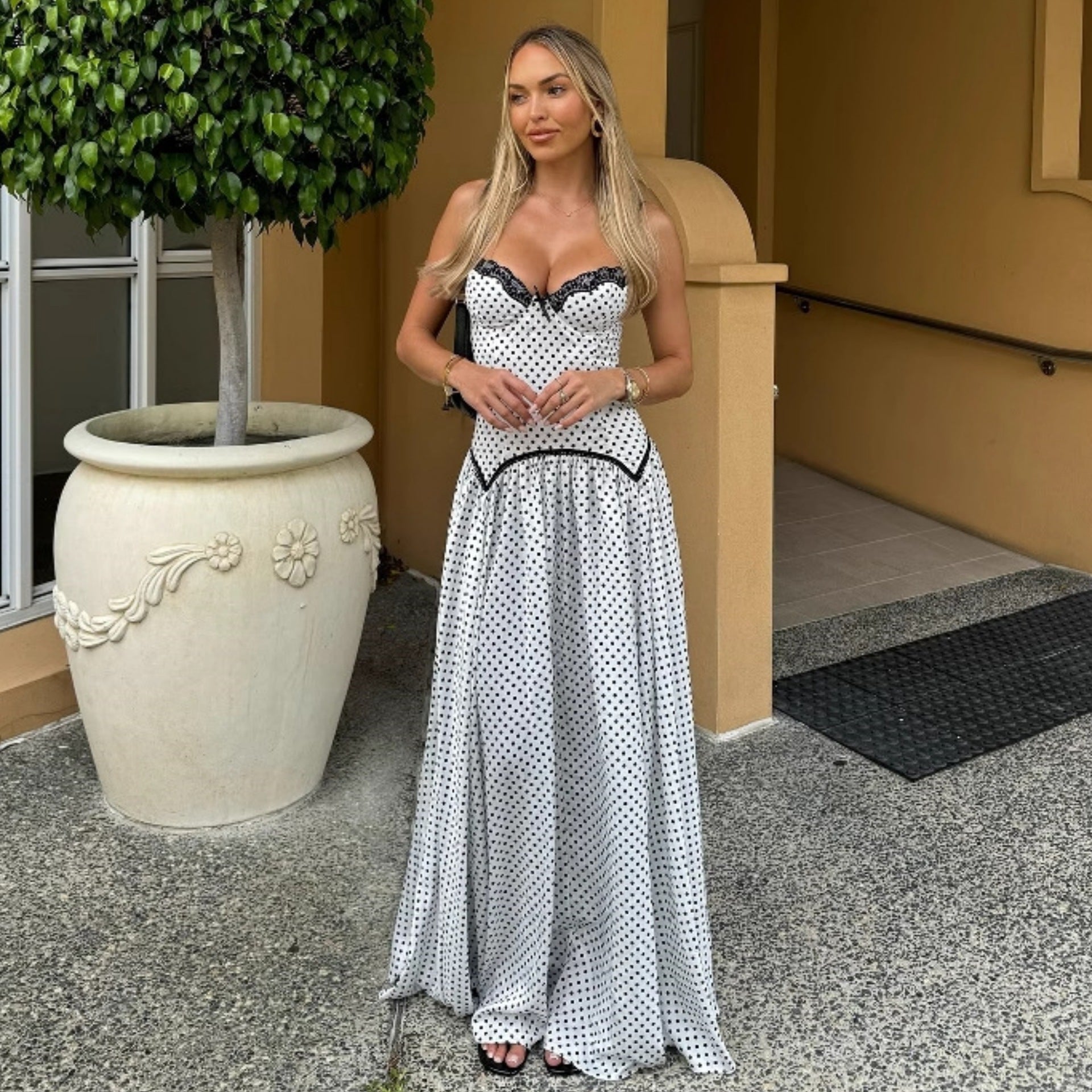 Summer Sweet Skinny Slimming Backless Braces in White Polka Dot Dress Women Clothing Bella Mia