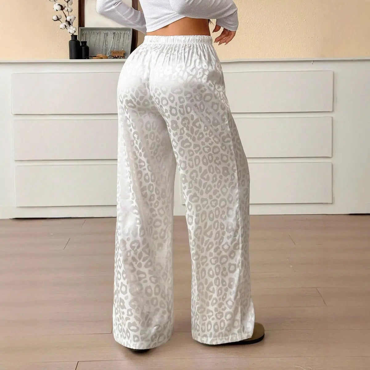 Women Clothing Autumn Satin Casual Pants Drawstring Leopard Print Mop Wide Leg Pants Long Pants Bella Mia