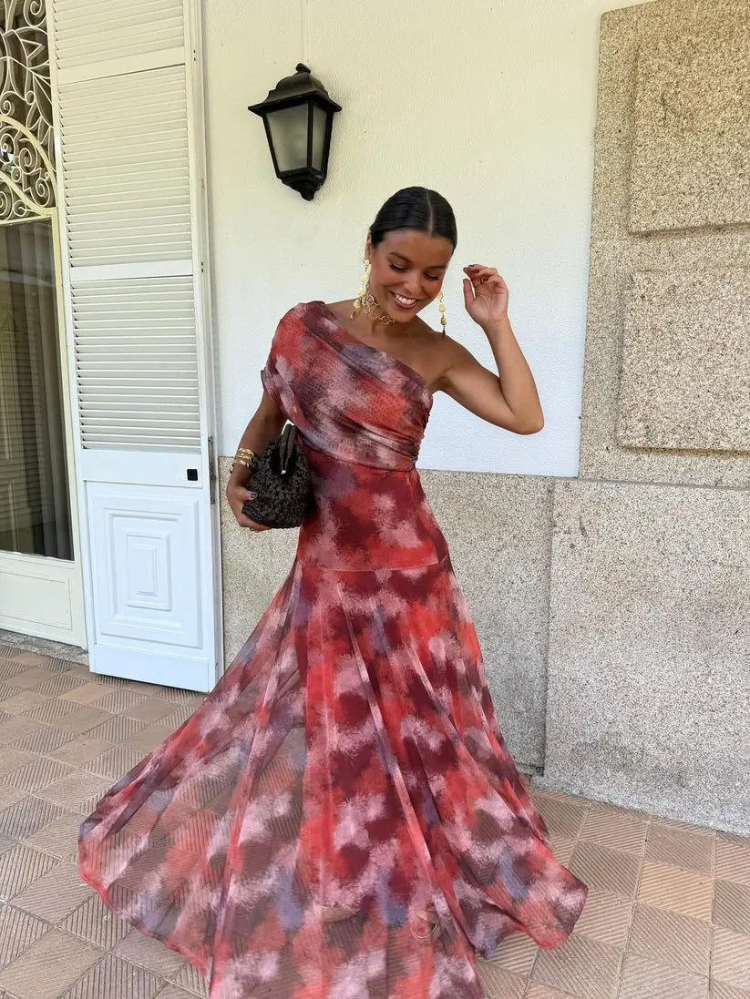 Printed Mesh off Shoulder Vacation Slim Fit Bottoming Dress Bella Mia