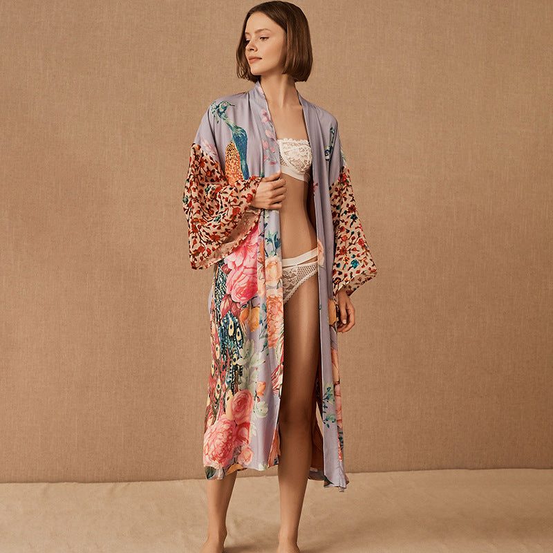 Peacock Positioning Printed Sunscreen Cardigan Seaside Vacation Baggy Coat Beach Cover Up Swimsuit Outwear Women Bella Mia