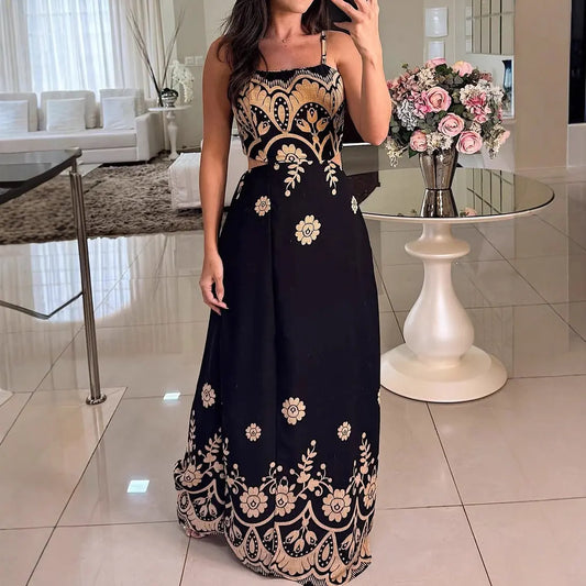 Women Elegant Graceful Spaghetti Strap Vintage Pattern Printing Dress Bella Mia