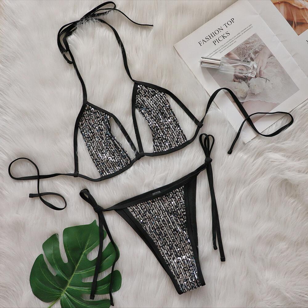 Bikini Sexy Split Sequined Swimsuit Women Lace-up Cutout Beach Swimsuit Bella Mia