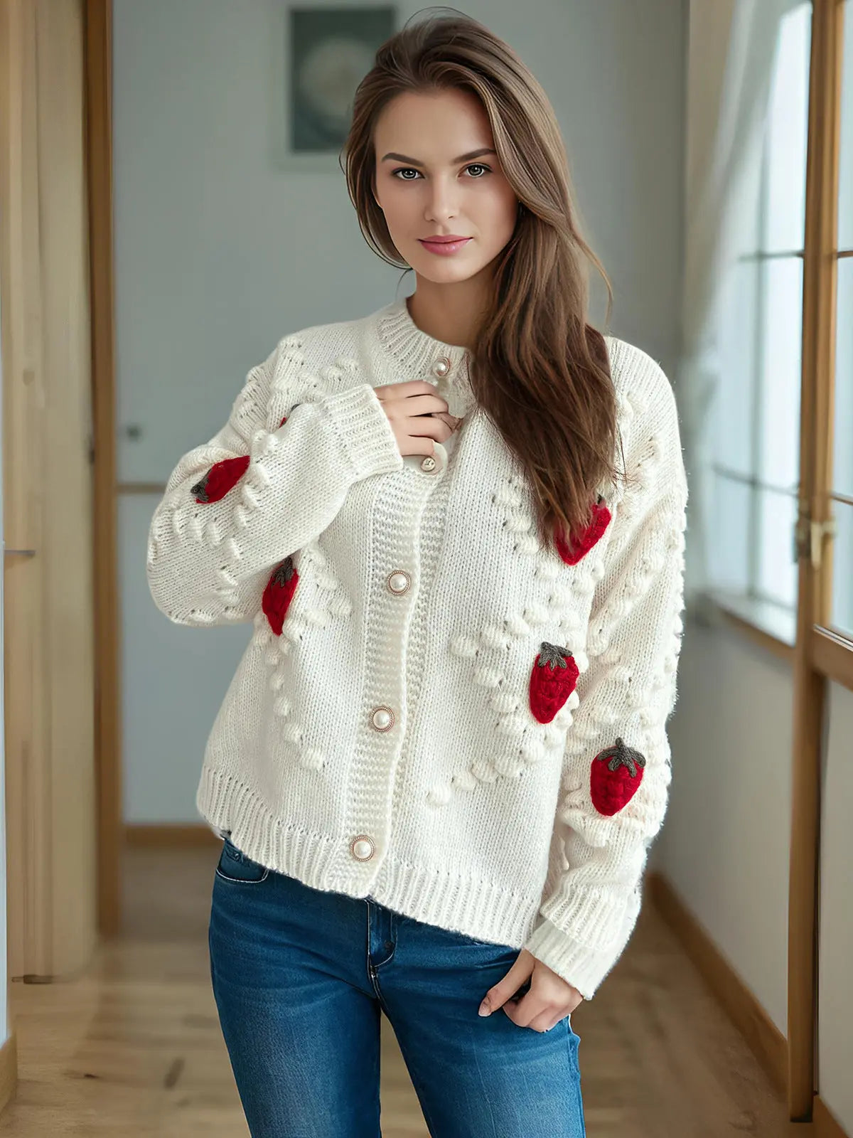 Autumn Winter Crocheted Embroidery Three Dimensional Strawberry Twist Pearl Buckle Knitted Sweater Cardigan Coat Bella Mia