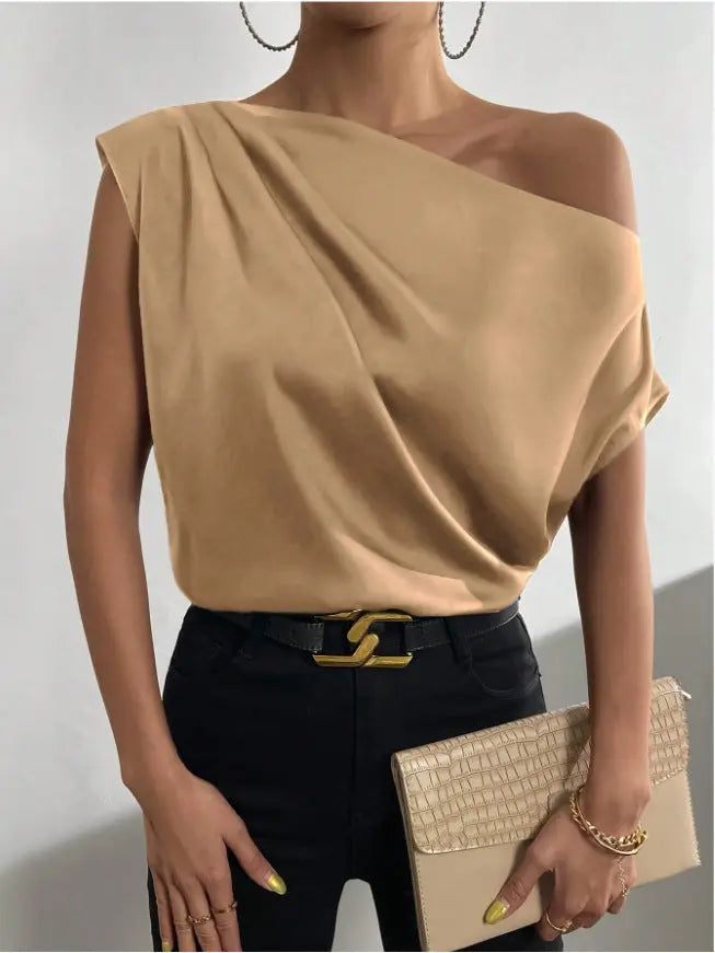 Spring Solid Color Satin Artificial Silk Irregular Asymmetric Shoulder off Shoulder Pullover Sleeveless Shirt Women Clothing Bella Mia