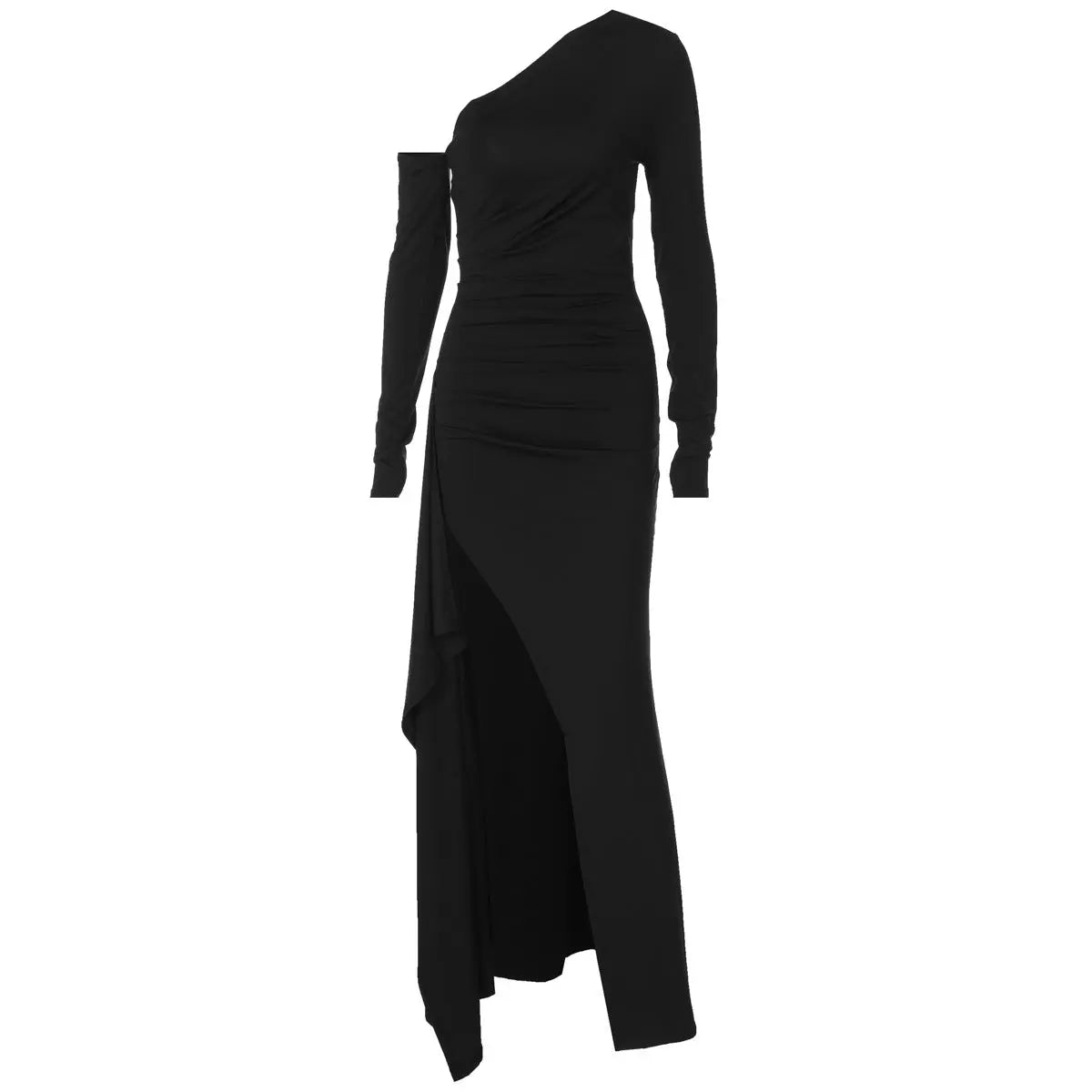 Women Autumn Sexy Diagonal Collar off the Shoulder Fitted Waist Pleated Irregular Asymmetric Slit Dress Bella Mia