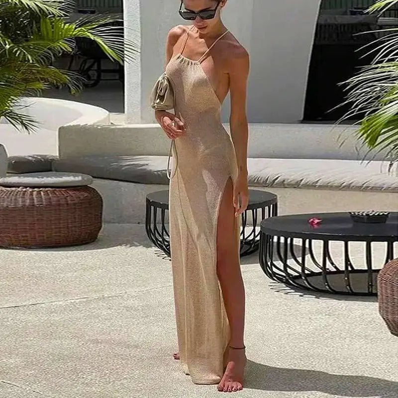 Double Sided High Slit Sling Beautiful Back Knitted Dress Beach Dress Women Bella Mia