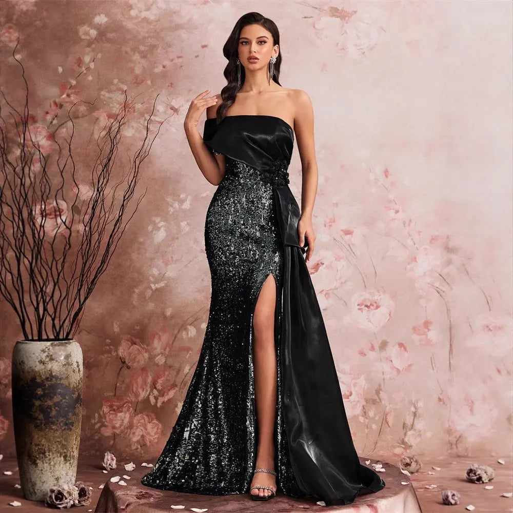 Elegant Sequin Stitching Fit Bandeau One Shoulder Cocktail Party Dinner Dress Bridesmaid Dress Women Bella Mia