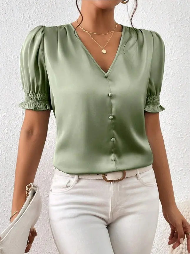 Satin V neck Buttons Shirt Spring Autumn French Casual Short Sleeve Ruffle Blouse Bella Mia