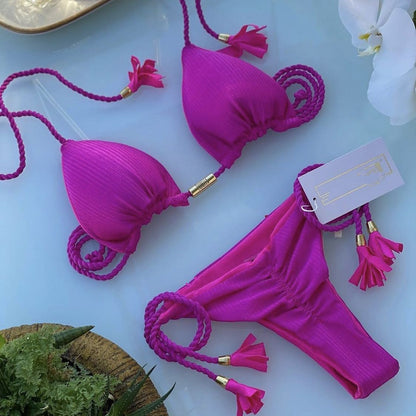 Bikini Special Solid Color Braid Rope Swimsuit Multicolor Bikini