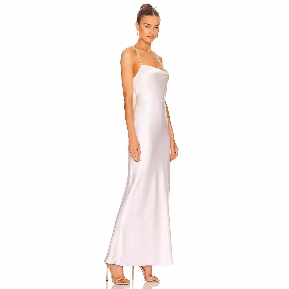 French White Bead Necklace Evening Dress Silk Satin Texture Women Sexy Backless Elegant Party Dress Bella Mia