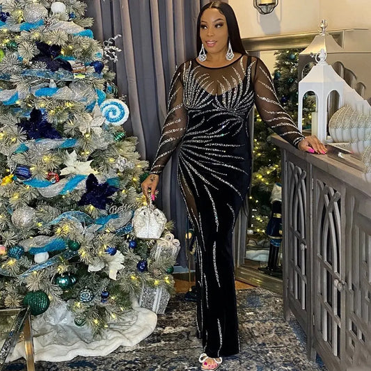 Maxi Dress Sexy Sheer Mesh Stitching Velvet Party Evening Dress Women Bella Mia