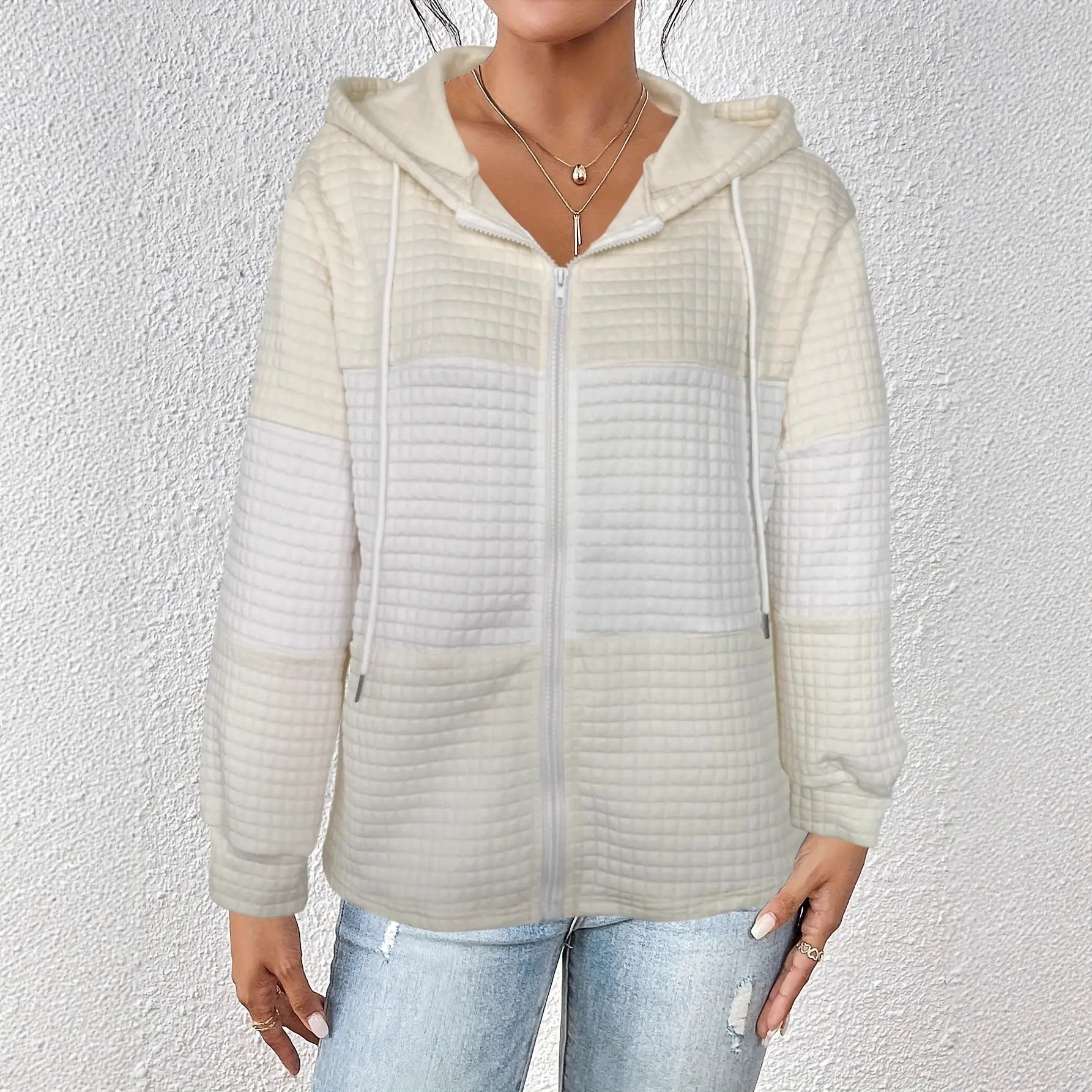 Women Color Block Plaid Hoodie Open Front Long Sleeve Casual Zip Sweatshirt Bella Mia