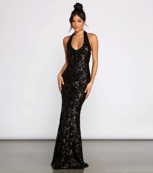 Women Sequin Backless Halter Neck Maxi Dress Bodycon Formal Bella Mia