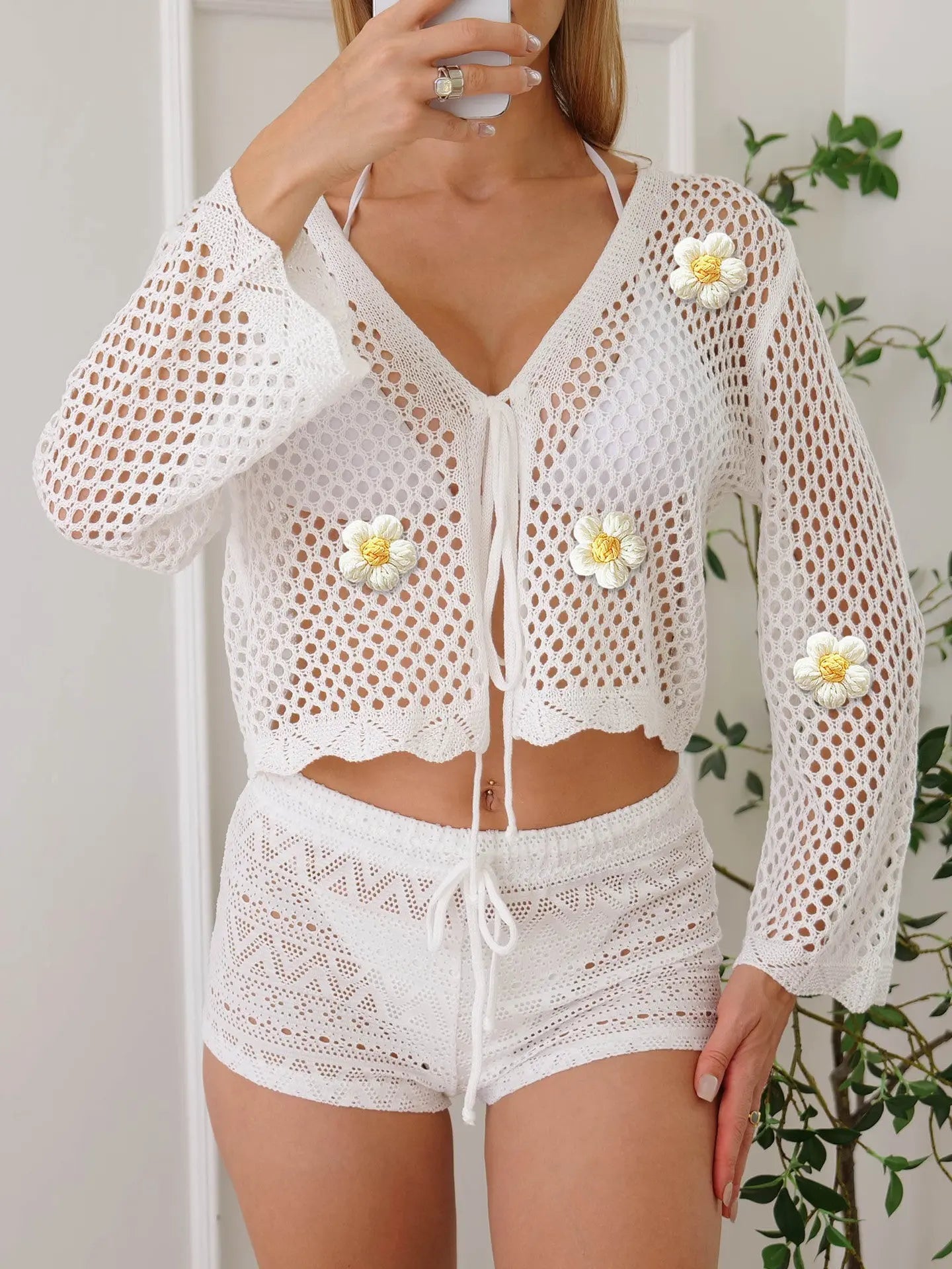 Women Lace Up Cardigan Hollow Out Cutout Woven Shirt Floral Embroidery Beach Bella Mia
