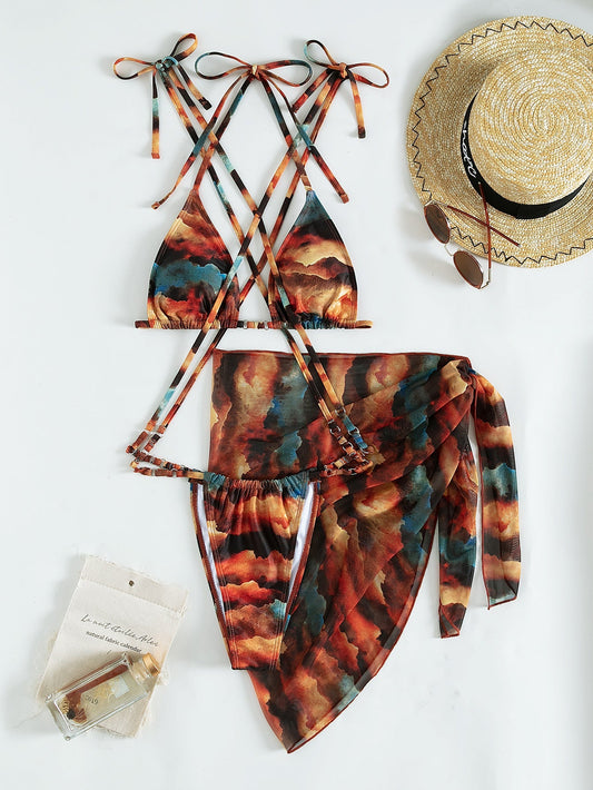 Gradient Printing Series with Net Hanfu Long Robe Sexy Three Piece Set Swimsuit Swimwear Women Bella Mia