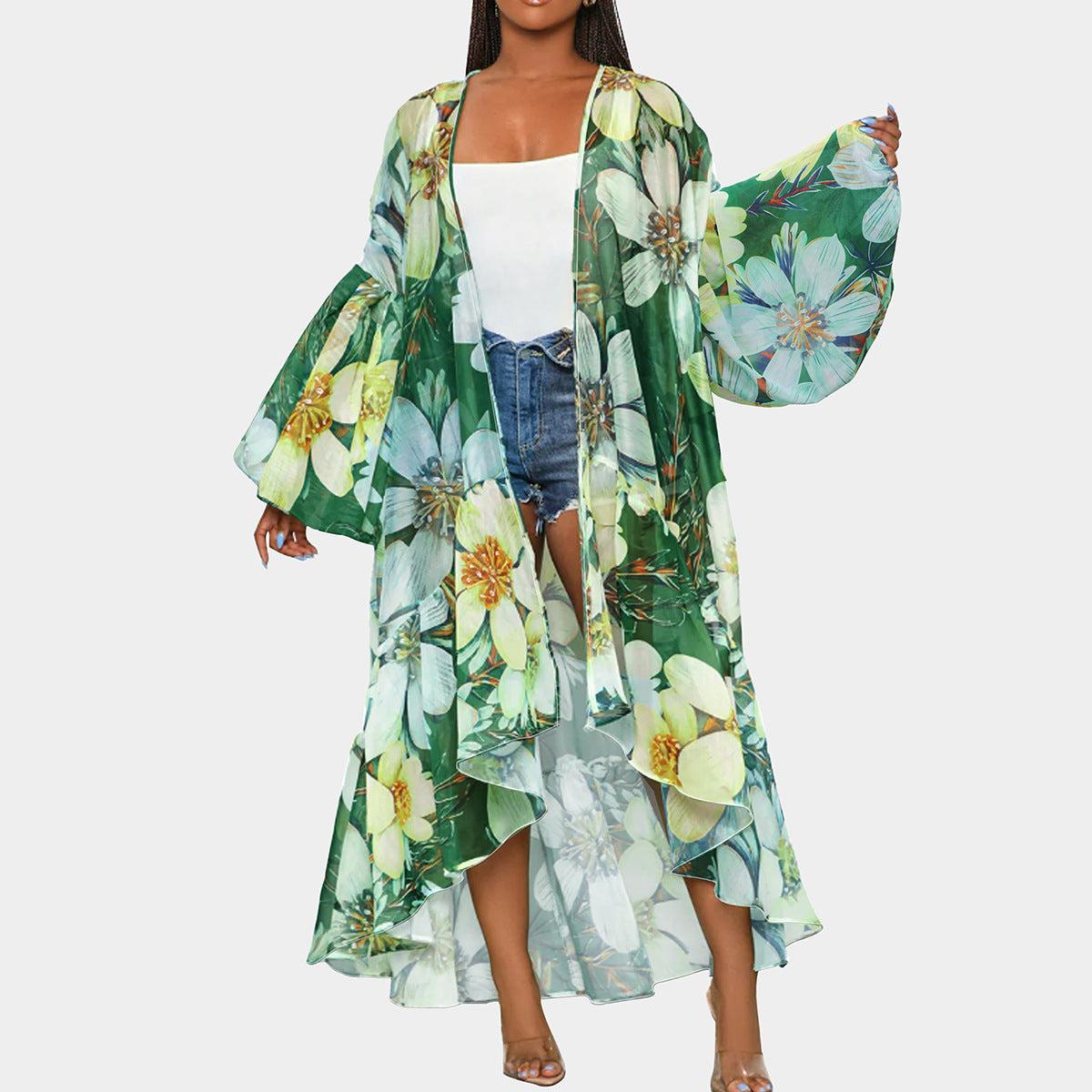 Casual Spring Autumn Women Lantern Sleeve Irregular Asymmetric Hem Long Printed Shawl Cardigan Bella Mia